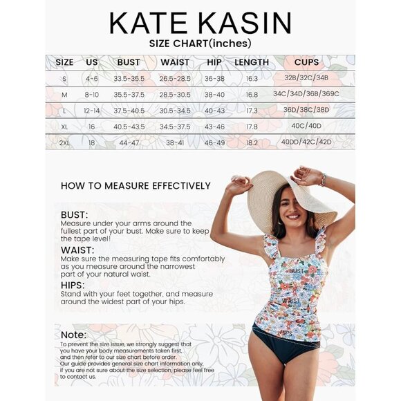 Kate Kasin 2025 Two-Piece Tankini Swimsuit, High-Waisted, Floral, Tummy Control - Picture 5 of 6